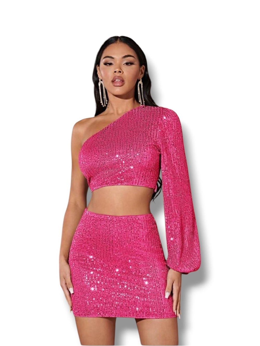 SHEIN BAE One Shoulder Crop Sequins Top & Bodycon Skirt, size S